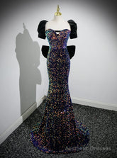 Blue Mermaid Sequins Puff Sleeve Bow Prom Dress